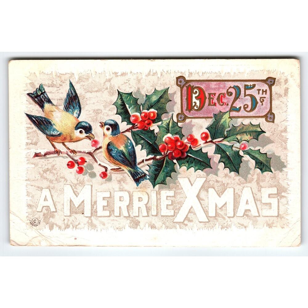 Vintage 1912 Christmas Postcard with Birds & Holly - Dec 25th Greeting